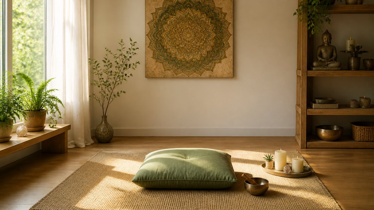 A serene modern living room with spiritual mandala wall art hung at eye level above a meditation cushion, soft natural light streaming through a window, neutral cream and sage green tones with warm gold accents, the art serving as a focal point for reflection