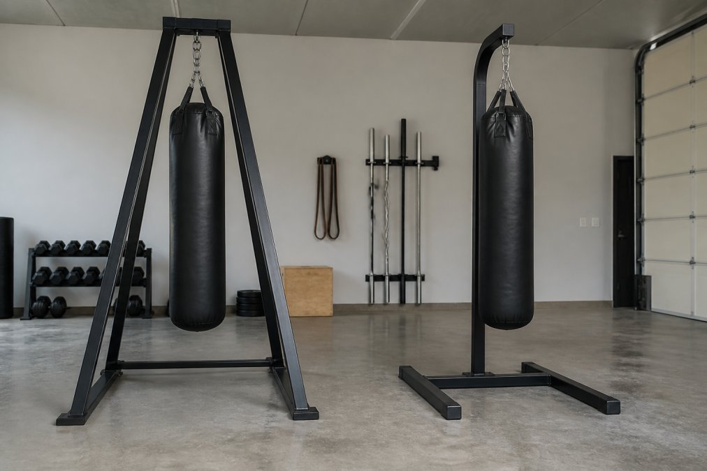 Professional heavy bag training setup showing an A-frame stand on the left with angled legs and a freestanding stand on the right with vertical post and wide base, both in a home gym with concrete flooring and adequate ceiling height