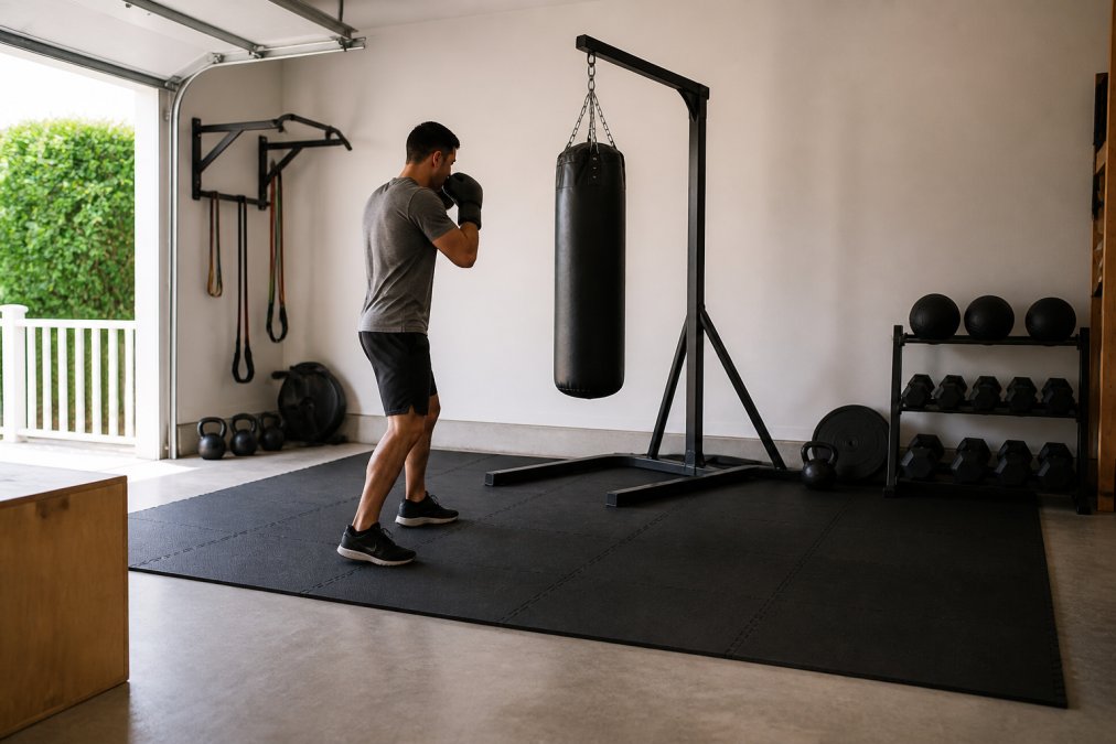 Home gym space with a heavy bag stand installed on protective rubber matting, showing proper spacing around the stand and adequate clearance above the bag, with a person standing at training distance