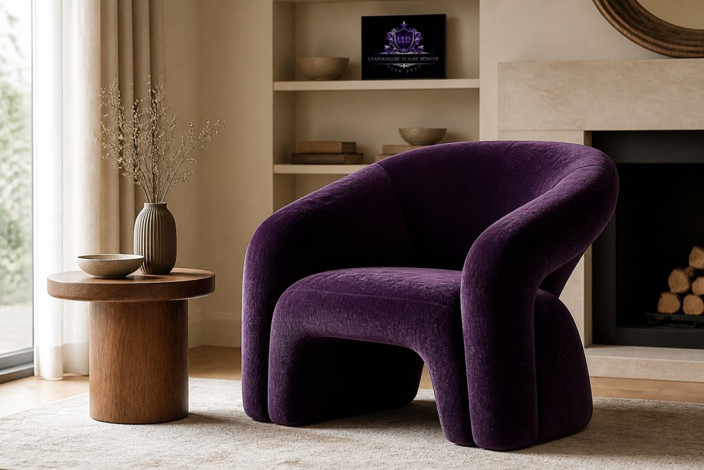 Modern living room featuring a bold sculptural accent chair in jewel-tone velvet positioned as the focal point, with neutral beige walls, natural wood side table, and minimal accessories that highlight the furniture's artistic form and material texture