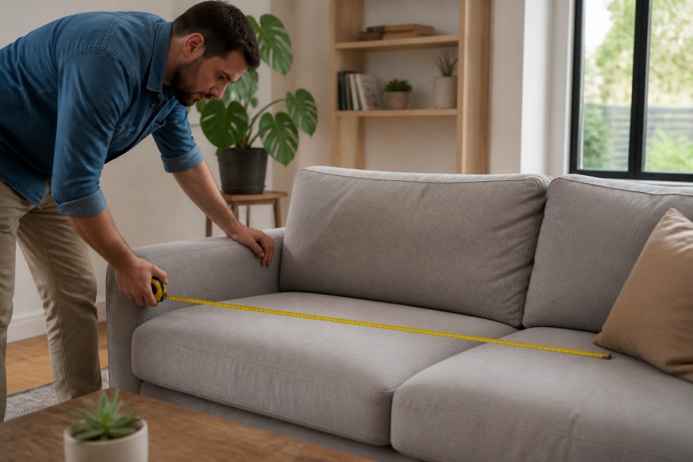 Person measuring a sofa with a tape measure in a living room, documenting furniture dimensions before storage, natural window lighting
