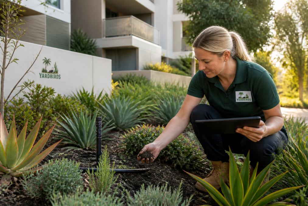 Property manager conducting site assessment of common garden area, examining soil condition, irrigation systems, and native plantings in afternoon sunlight