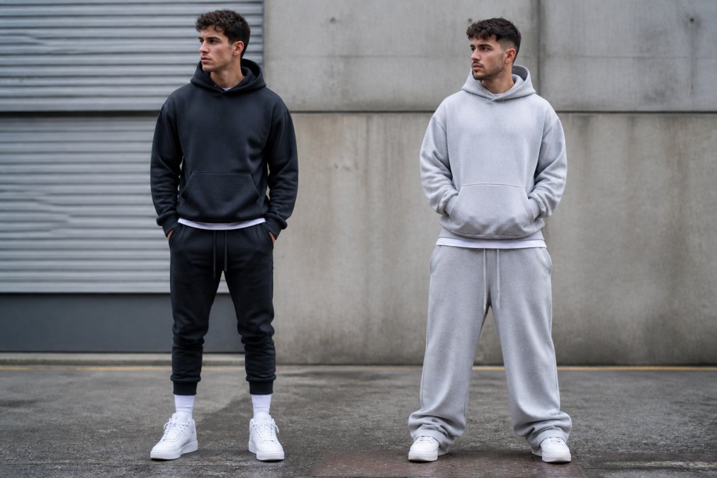 Side-by-side urban street shot of a male model in tapered black joggers with a clean ankle hem against another in baggy grey joggers with fabric stacking at the shoe, both wearing oversized hoodies in overcast daylight