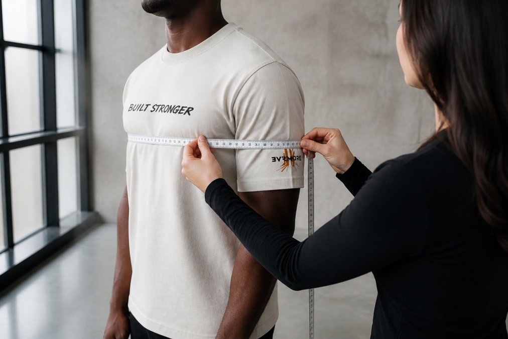 Person wearing a fitted t-shirt standing straight while someone measures their chest width with a soft measuring tape, showing proper measurement technique from the side