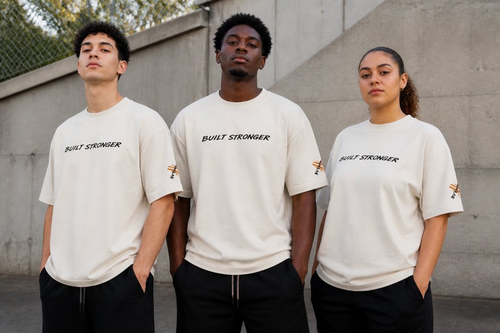 Three individuals of different body types wearing oversized streetwear tees and hoodies, standing side-by-side to show how the relaxed, dropped-shoulder silhouette fits across various frames