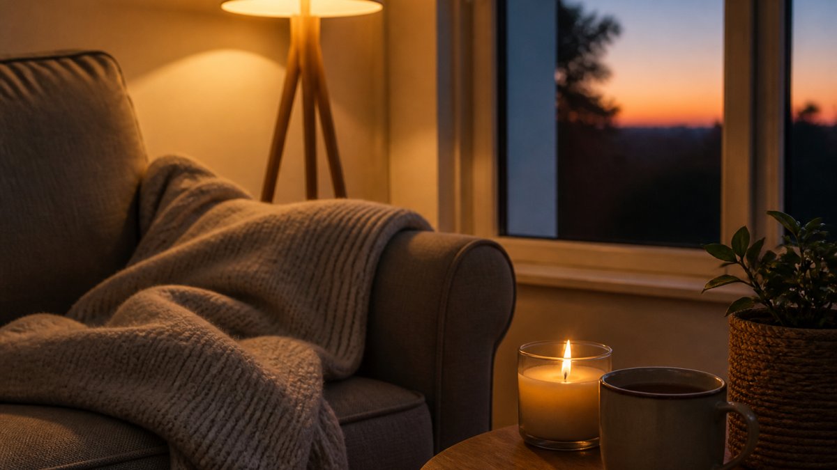 A calm living room corner in the early evening, with a soft warm lamp glowing, a folded blanket on an armchair, and a candle burning on a side table beside a mug of tea