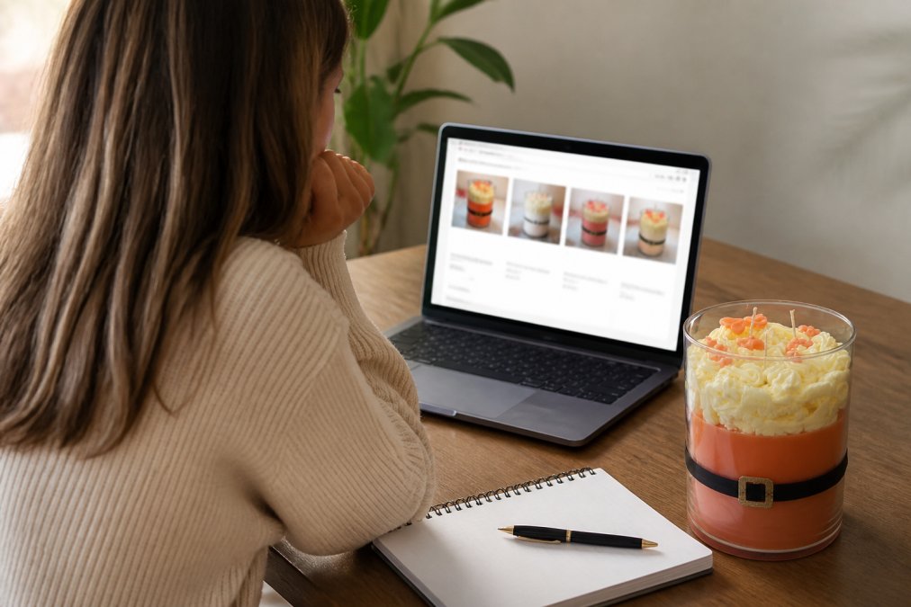 Person sitting at a desk reviewing candle products on a laptop screen, with a notebook and pen for taking notes nearby