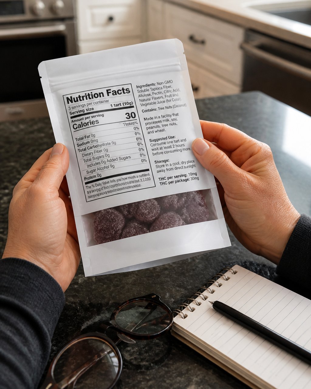 Close-up of hands holding a sugar-free THC tart package next to a nutrition label, with reading glasses and a notepad on a kitchen counter