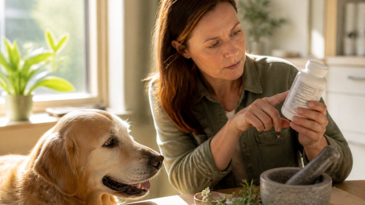 A hand pointing to active ingredients and dosage instructions on a dog supplement bottle label.