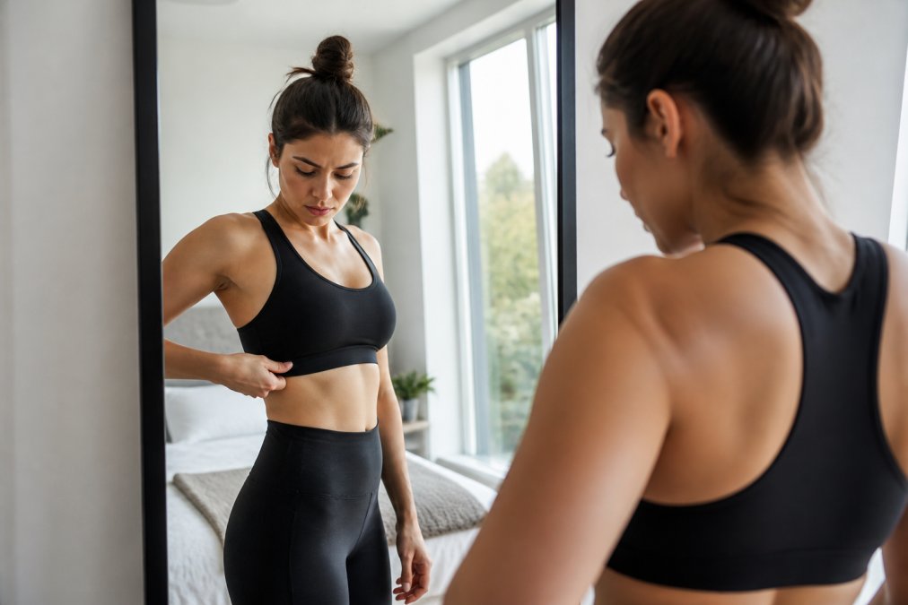 A woman in a sports bra and leggings checking the underband fit in a bright bedroom mirror, one hand sliding two fingers under the band, calm and focused expression, natural daylight