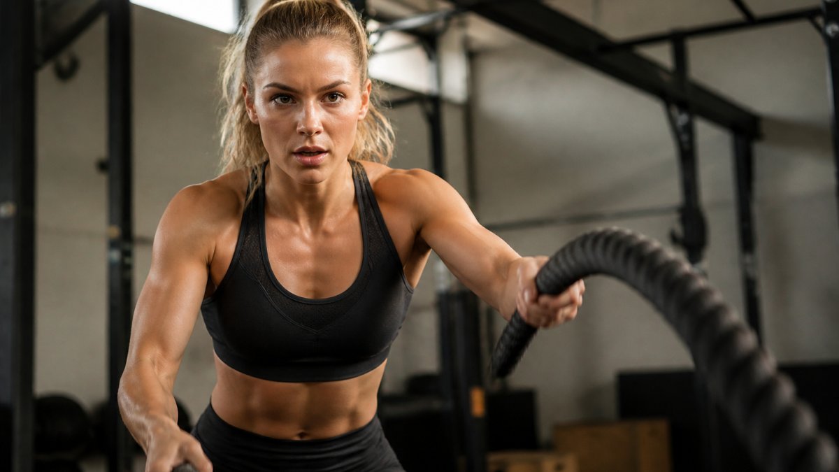 Woman wearing a high-support sports bra during an intense gym session, demonstrating secure fit and comfort during dynamic movement in a modern gym setting