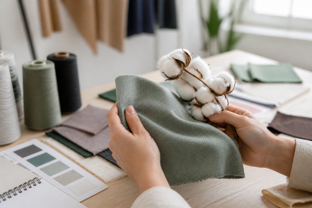 Close-up of hands holding a soft, textured piece of recycled polyester fabric next to a sprig of organic cotton, with a blurred background of a bright, airy studio