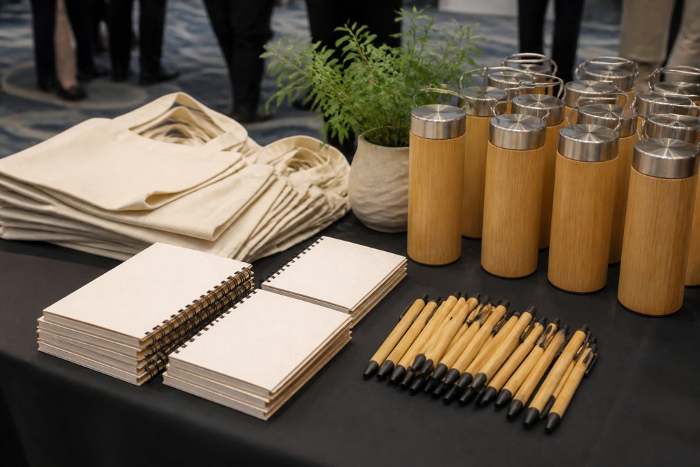 A table display at a corporate conference showing eco-friendly swag items like plantable seed paper notebooks, bamboo pens, and reusable tote bags arranged neatly