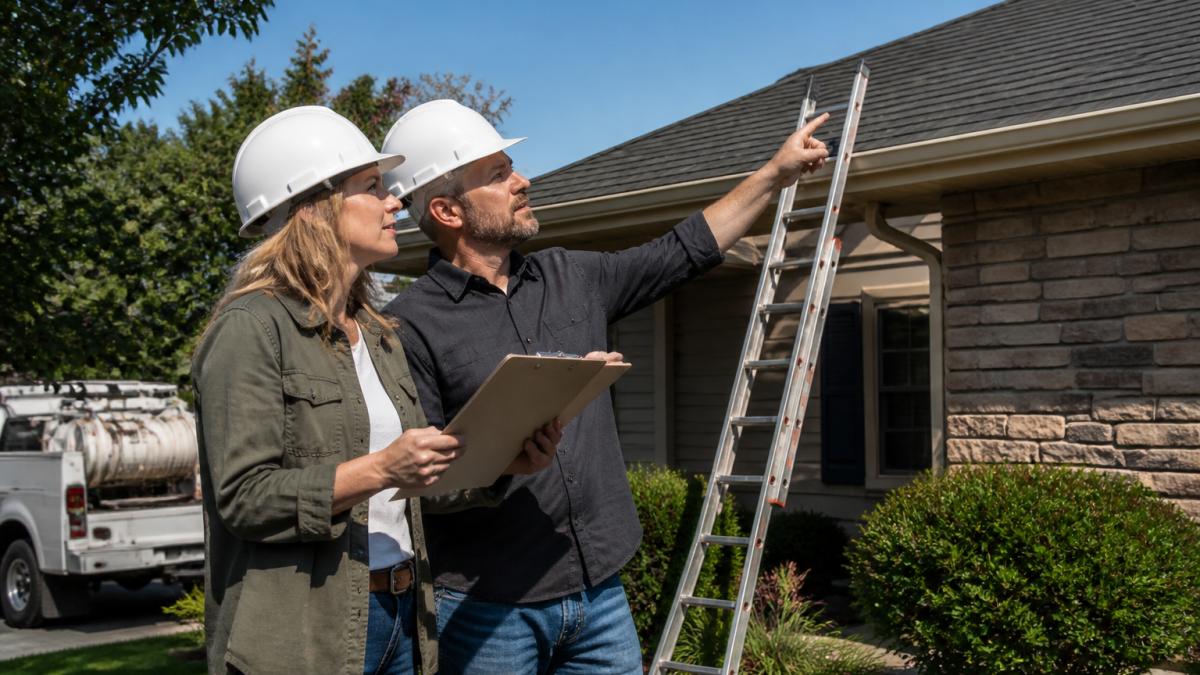 Homeowner and contractor discussing a sustainable home exterior roof replacement plan