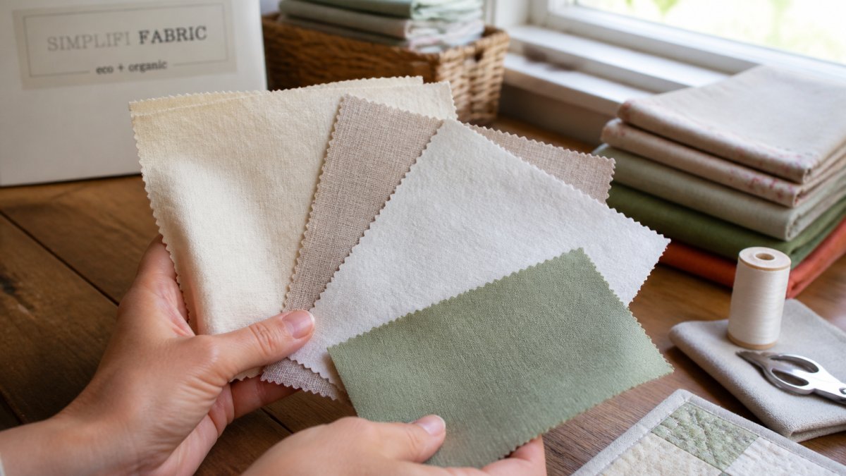 Close-up of hands holding different quilting cotton swatches showing varying thread counts and weave patterns, with natural window lighting highlighting texture and fabric quality differences