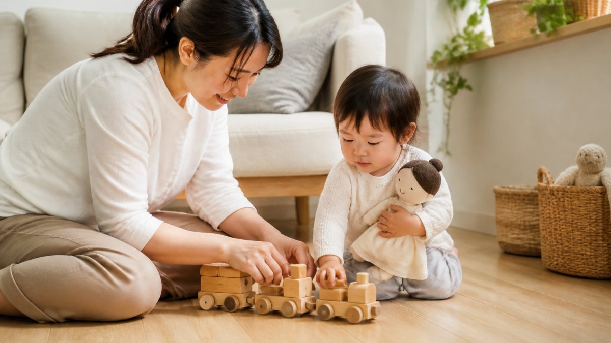 A parent and young child sitting on a light wood floor, examining a wooden toy train and a soft organic cotton doll together in a bright, minimal living room