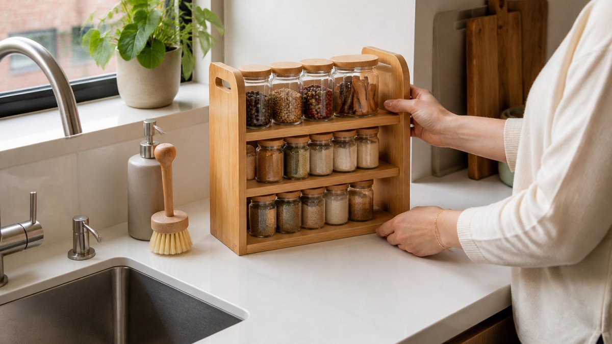 Hands placing a bamboo spice rack on a bright countertop in a small urban kitchen