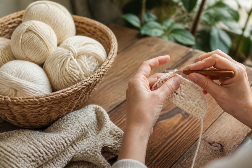 Close-up of hands crocheting with organic cotton yarn, skeins of natural-colored yarn in a woven basket nearby, soft natural light on a wooden table