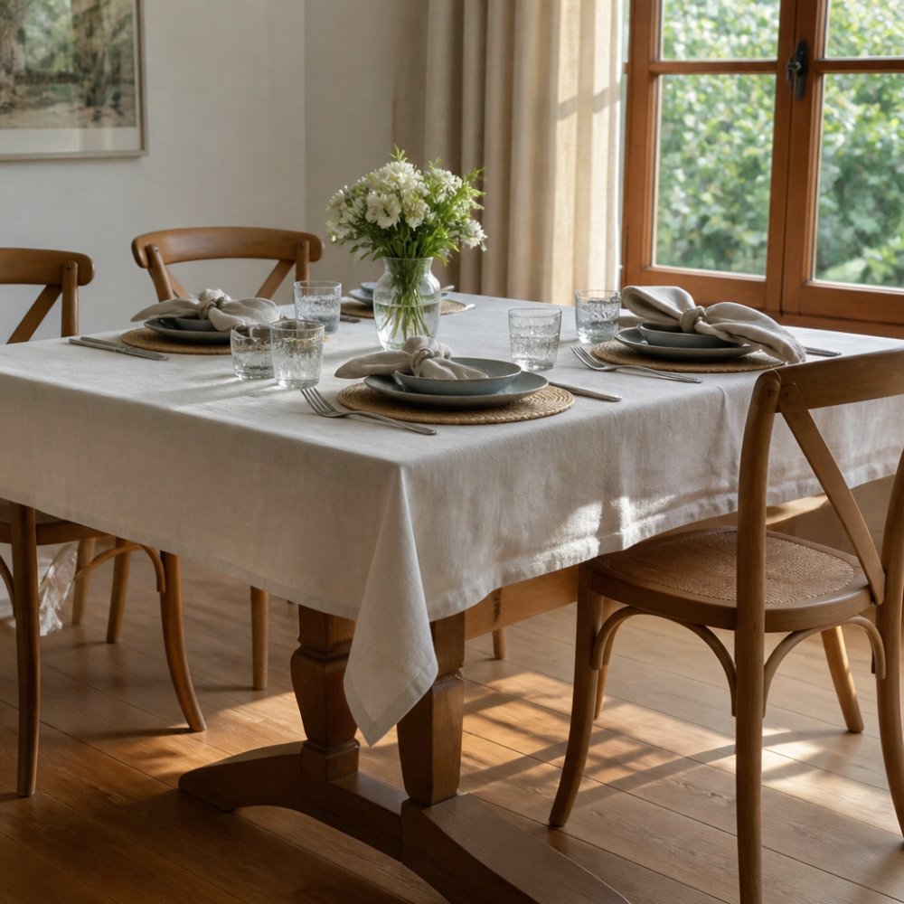 Infographic illustrating the ideal tablecloth size for a casual, formal, or floor-length drop on a dining table.