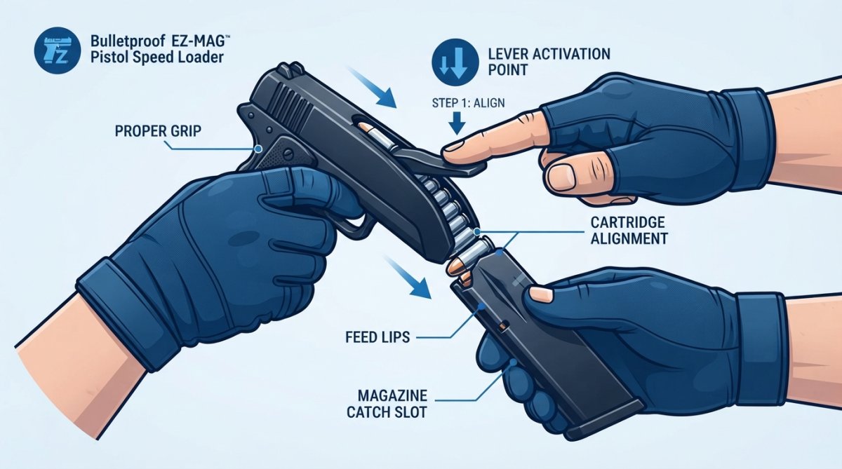 Close-up of hands demonstrating proper speed loader technique with magazine, showing correct finger positioning on lever and cartridge alignment with feed lips in natural lighting