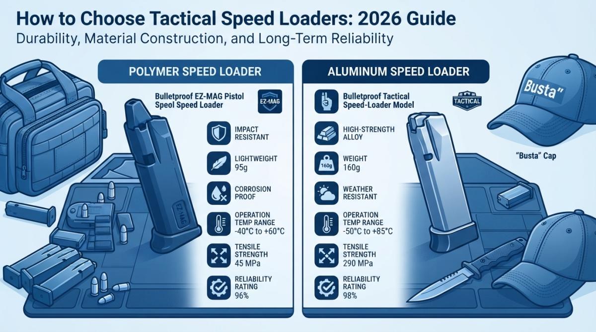 Side-by-side comparison of polymer speed loader and aluminum speed loader with tactical gear, range bag, and ammunition displayed on tactical equipment mat