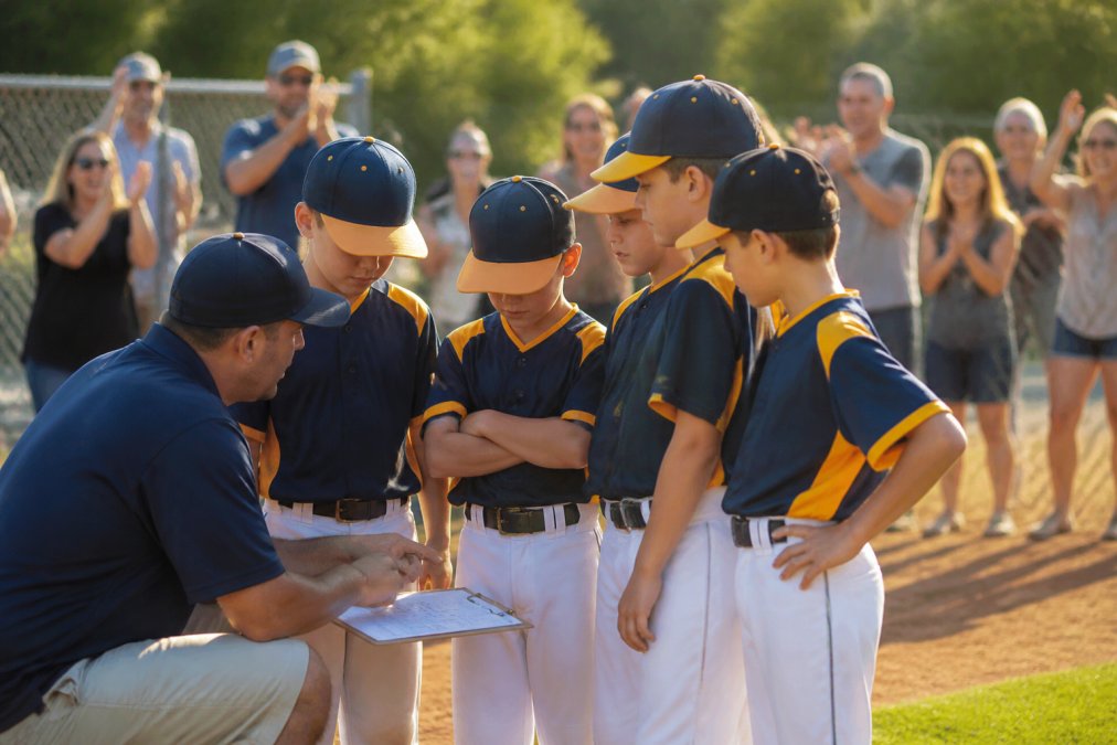 Youth baseball team in navy and gold jerseys standing on a field with their coach and cheering parents