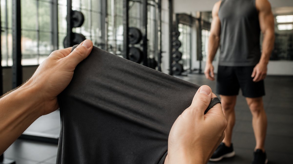 Close-up of hands stretching and testing athletic fabric, showing elasticity and recovery, with athlete in workout gear visible in background under studio lighting