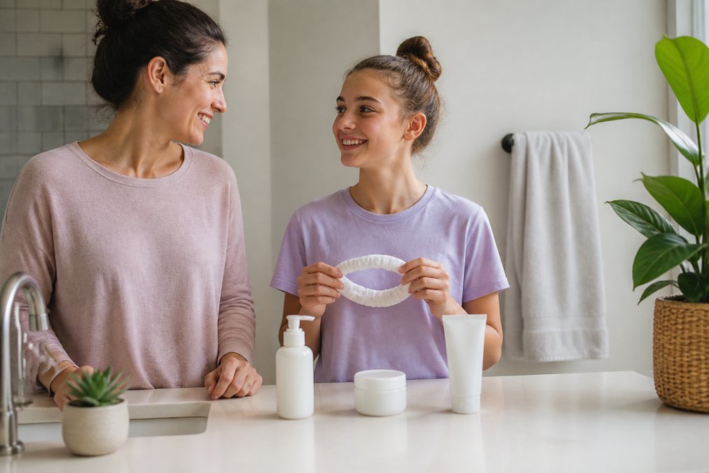 A teenager and her mother preparing a simple three-step routine from popular teen skincare brands at a bathroom counter.