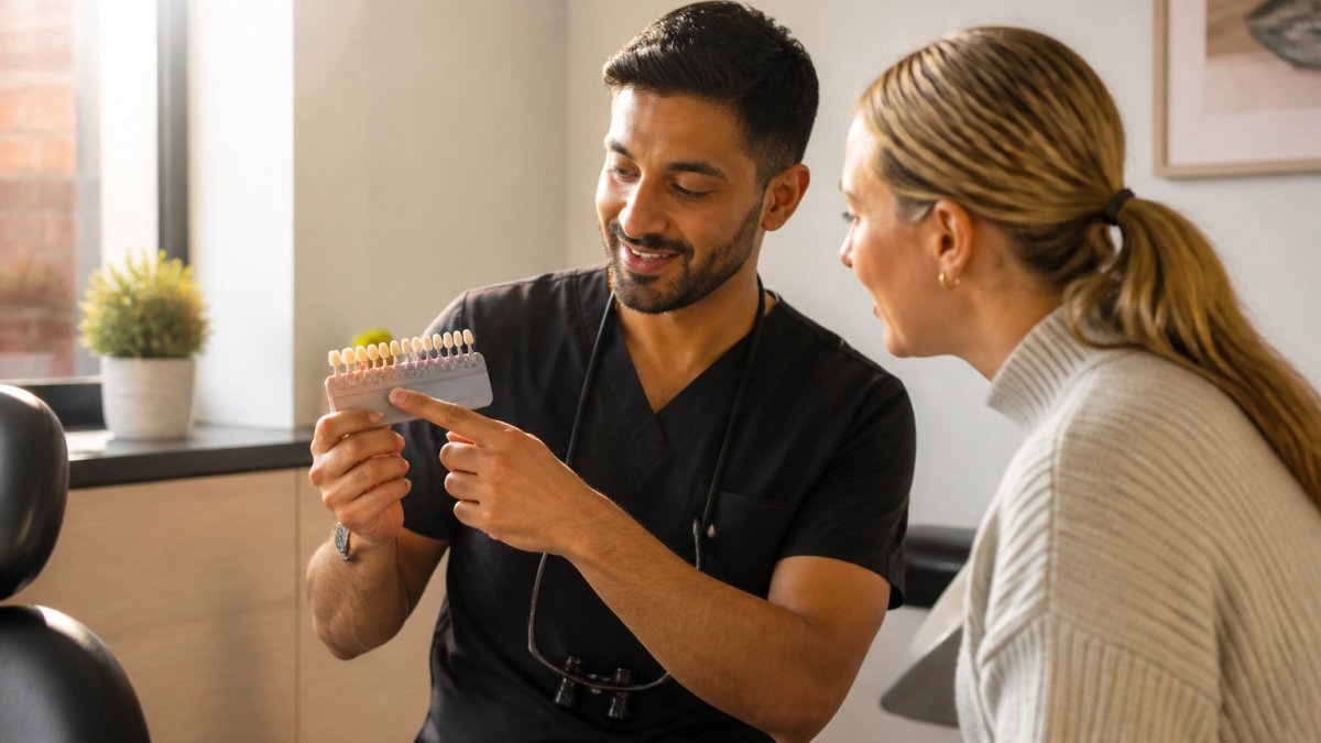 Dentist and patient comparing shades on a guide during a teeth whitening consultation
