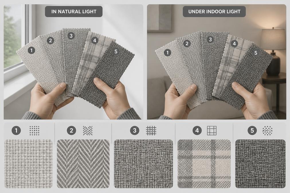 Hands holding multiple fabric swatches in natural daylight near a window, showing different pattern textures and weaves side by side