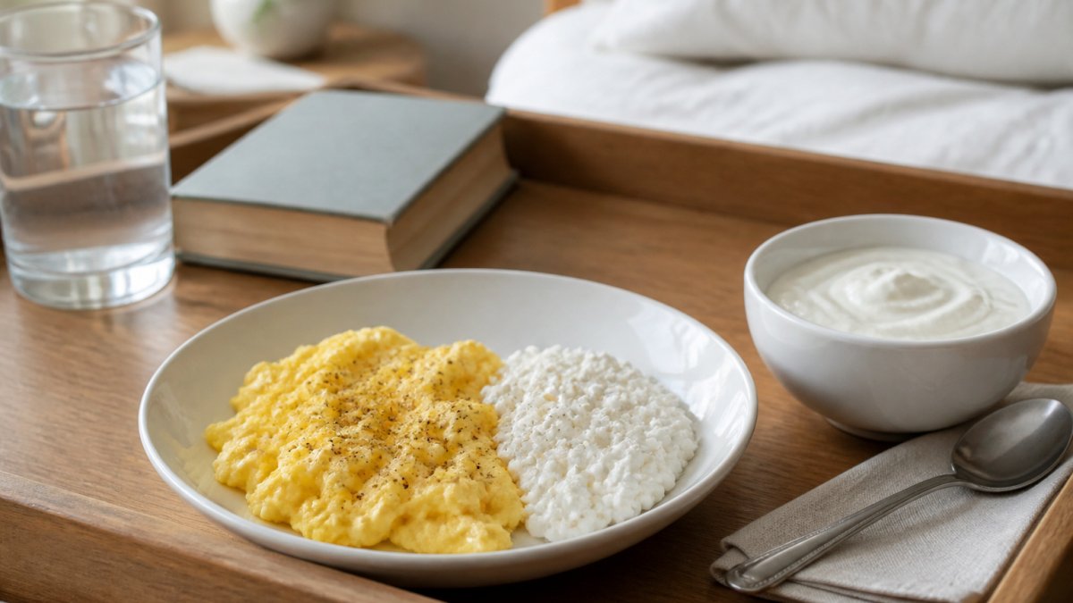 Infographic showing a daily meal plan with soft, high-protein foods like eggs and yogurt for recovery.