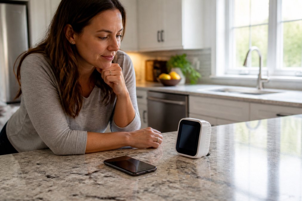 A homeowner examining a small digital air quality monitor on a kitchen counter, with a smartphone showing the companion app nearby, in a bright residential setting