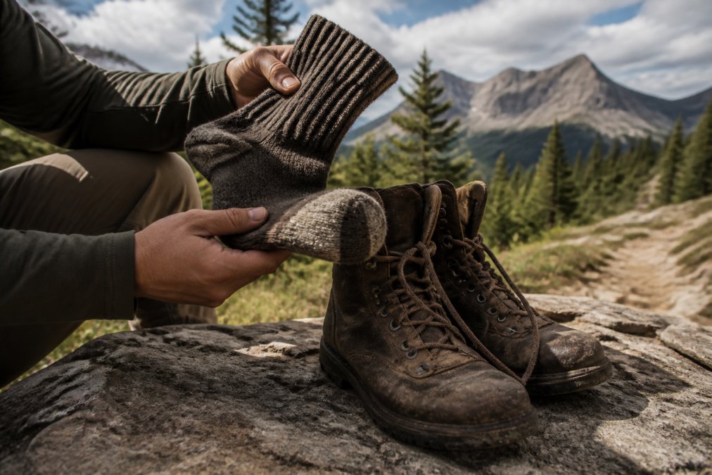 A hiker's hands holding a pair of thick, earthy-toned alpaca socks beside well-worn leather hiking boots, set against a sunlit mountain trail backdrop