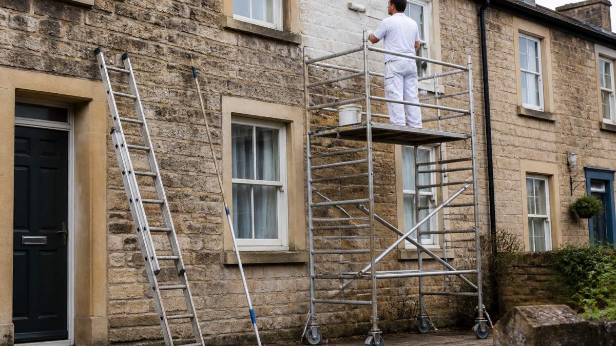 Painter using a mobile tower as one of the best alternatives to scaffolding for painting exteriors.