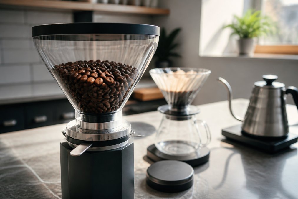 Burr grinder with whole coffee beans next to a pour over dripper and gooseneck kettle in soft morning light