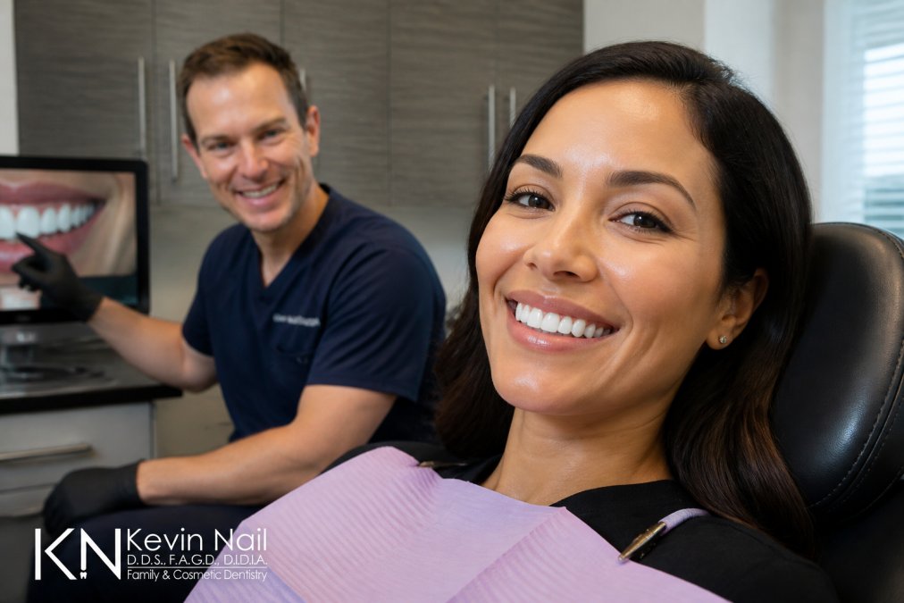 Close-up of a patient smiling confidently in a dental chair, showing bright, natural-looking porcelain veneers, with a dentist in the background reviewing a digital smile design on a screen