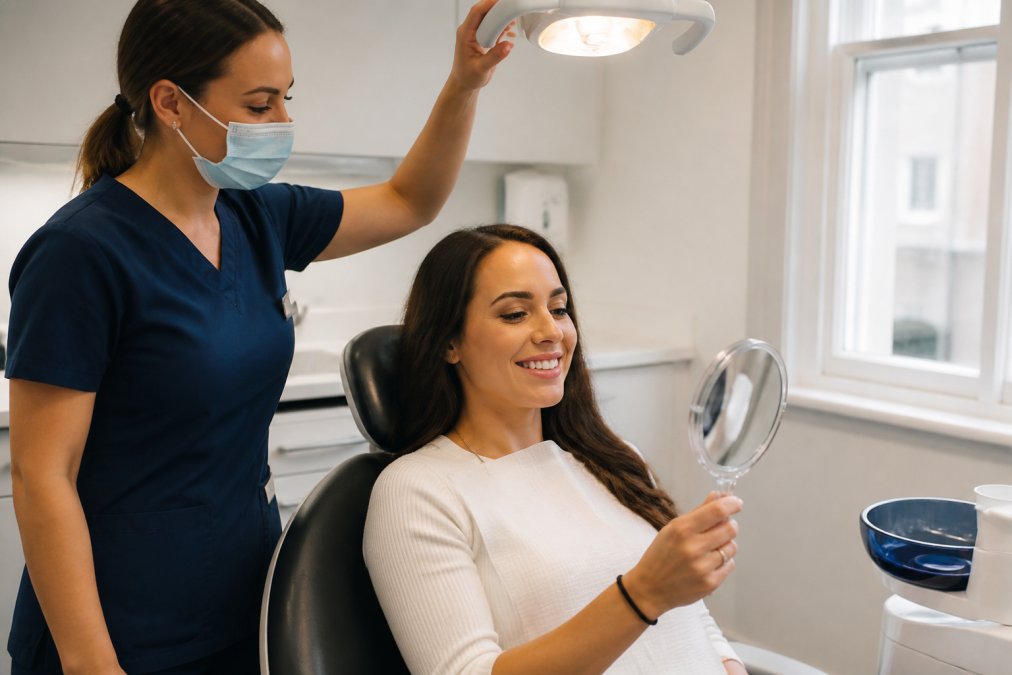 A bride-to-be sitting in a dental chair holding a small hand mirror, smiling as a dental nurse adjusts the overhead light in a bright modern treatment room