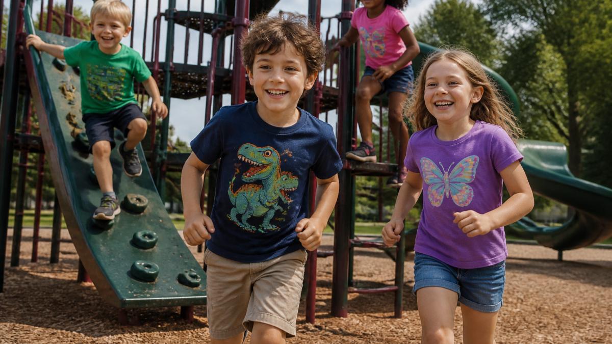 Children playing on playground equipment while wearing durable cotton graphic tees for kids