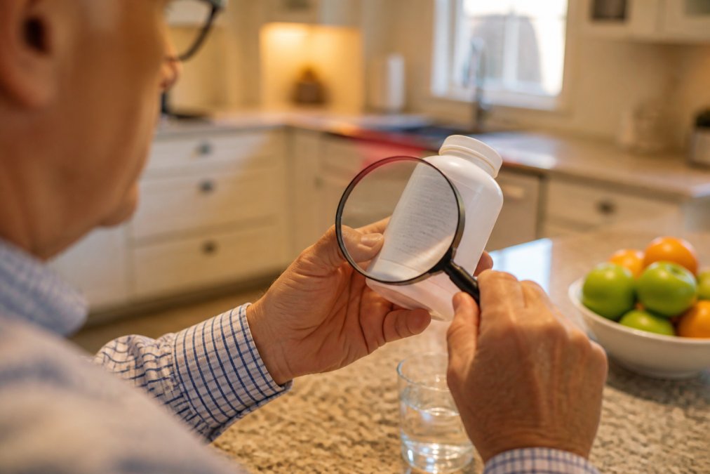 Older adult using a magnifying glass to read the label on a bottle of eye vitamins in a bright kitchen