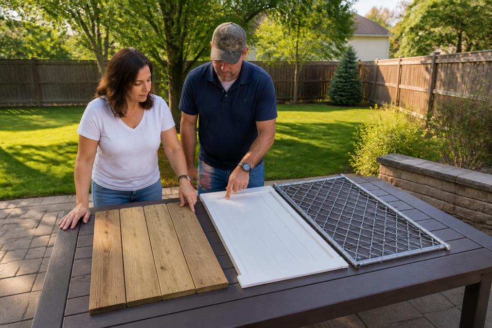 Comparison chart of wood, vinyl, and chain link fence samples to help you choose the best fence for your yard.