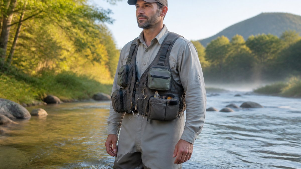 Angler standing in shallow river water wearing a properly fitted fishing vest with charcoal and sage colors, demonstrating correct shoulder positioning and adjusted side straps, with gear visible in multiple pockets and natural morning light reflecting off the water