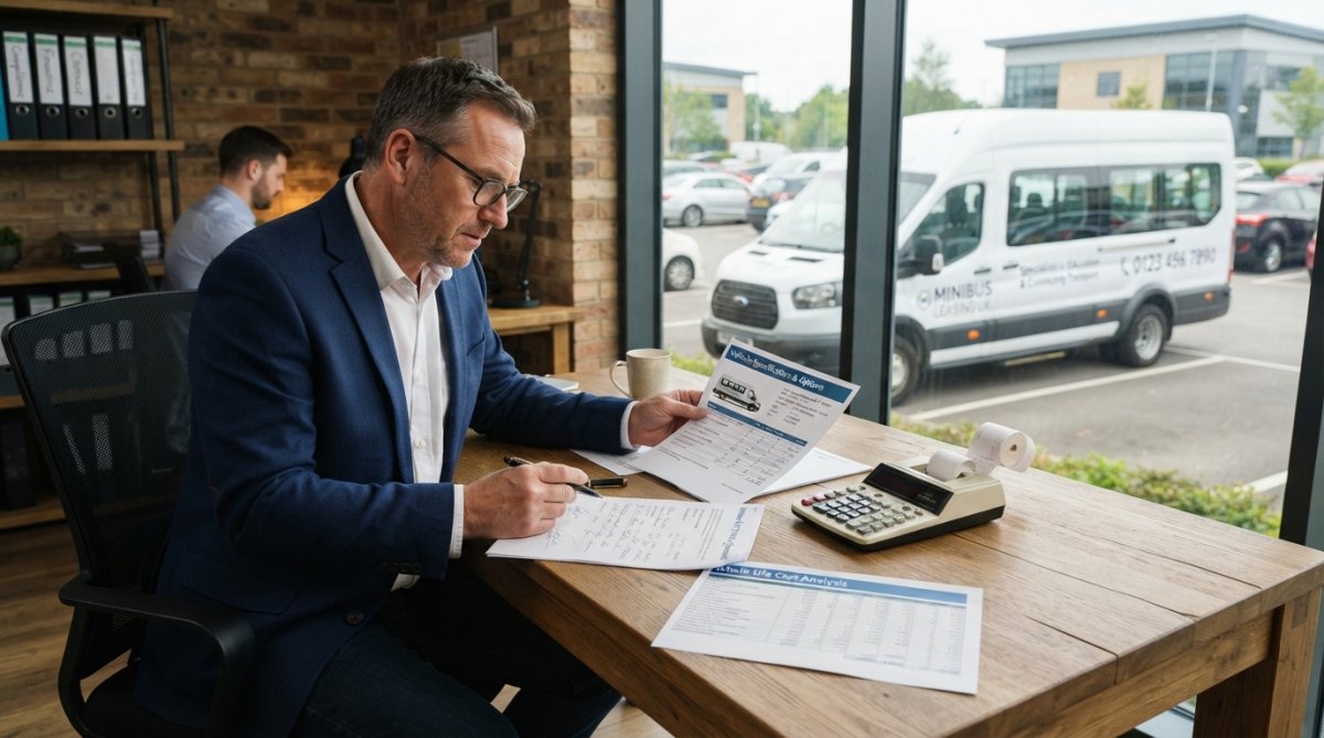 Business manager reviewing documents and vehicle specs for a fleet finance model with a minibus in the background