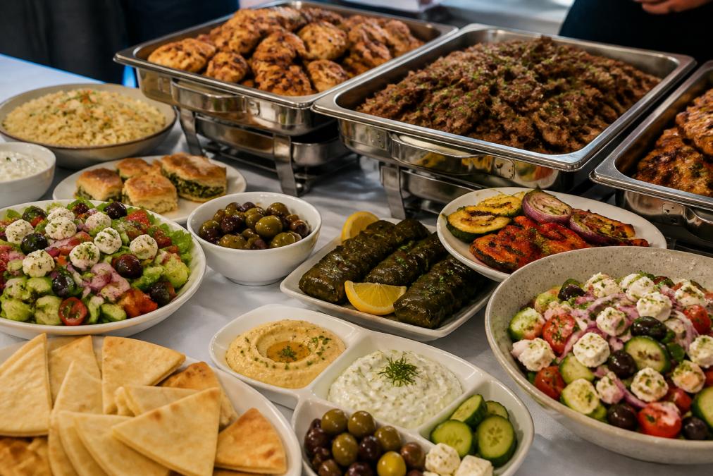 Professional catering spread featuring authentic Greek dishes including meze platters with olives and feta, fresh pita bread, colorful Greek salads, grilled protein stations with chicken and lamb, and various vegetable sides arranged on a buffet table with warm lighting
