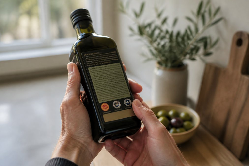 Hands checking the harvest date on a dark glass bottle of premium Greek olive oil in soft kitchen light.
