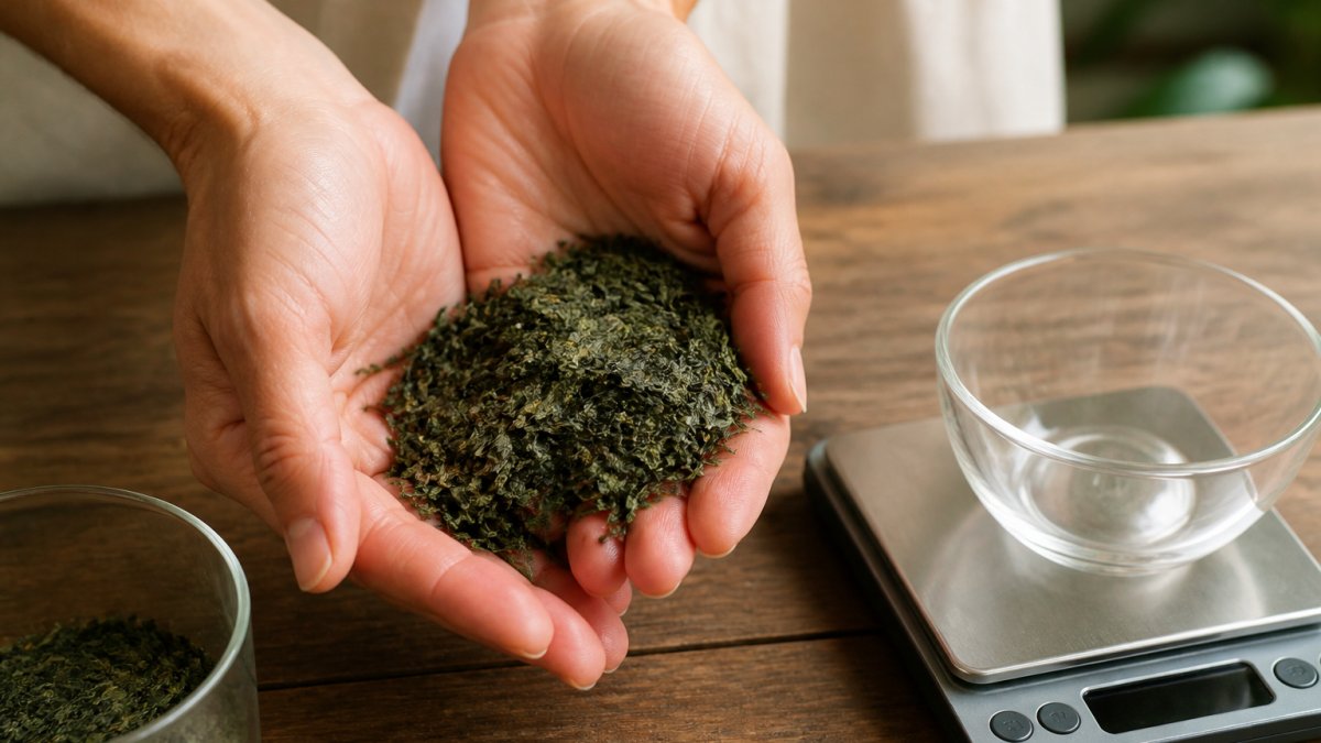 Close-up of a person's hands holding a small pile of loose green tea leaves over a wooden table, with a glass teacup and a small scale nearby in soft natural light
