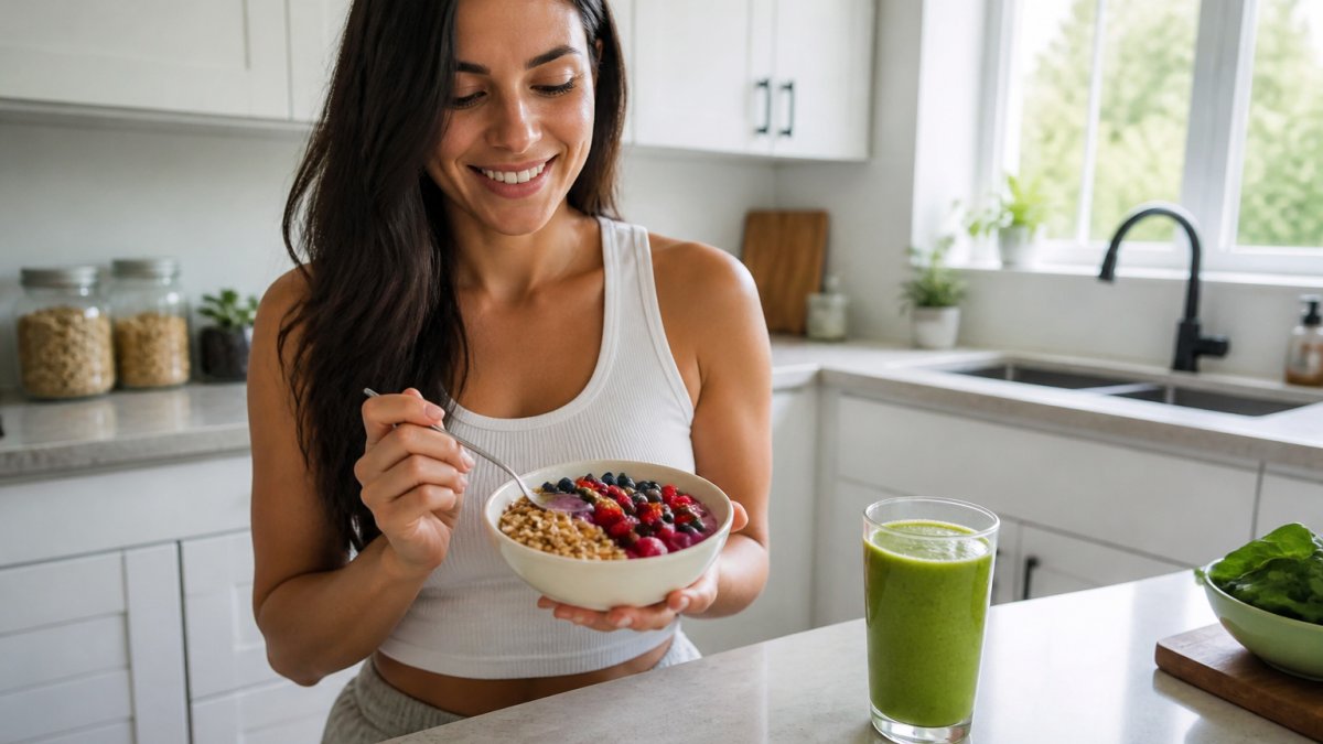 Woman in a kitchen holding a yogurt bowl with berries and seeds to learn how to choose the best healthy breakfast for gut