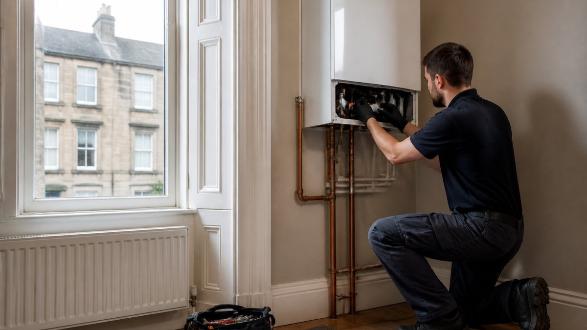 Gas Safe engineer inspecting a boiler in a tenement flat to find the best heating system for tenements.