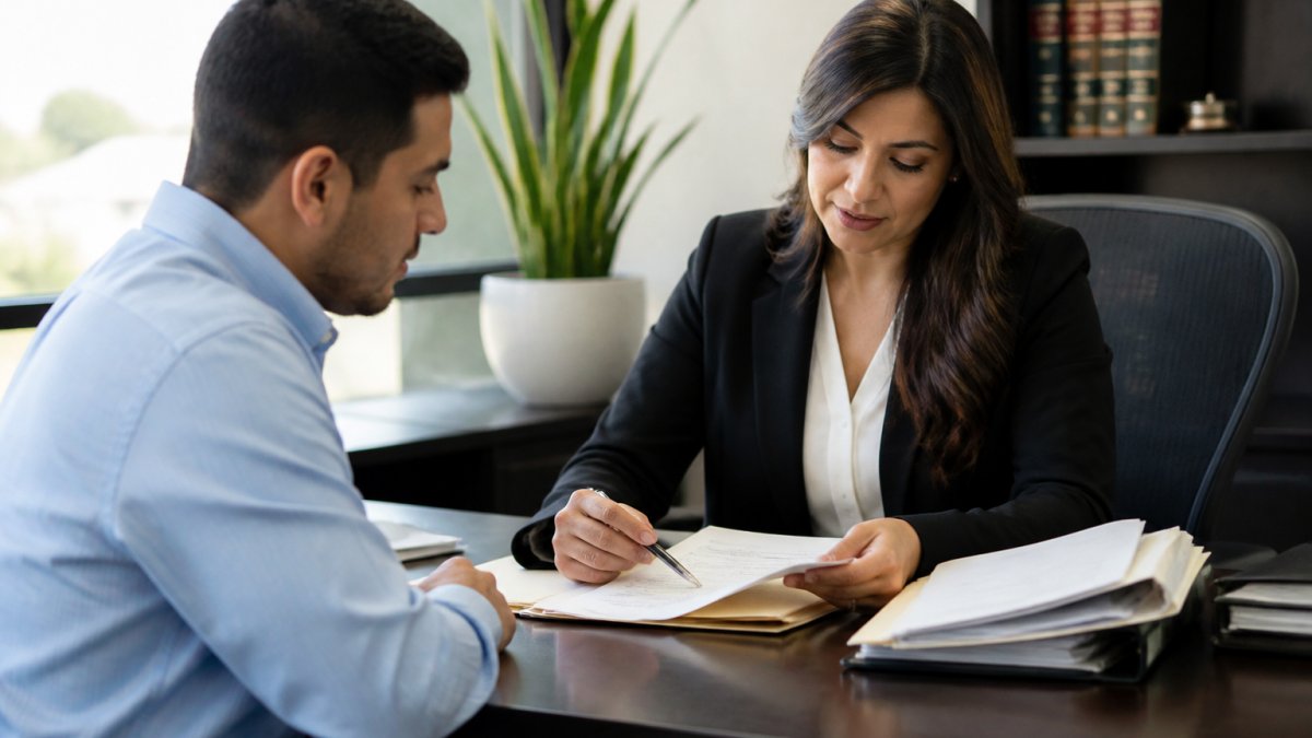 Professional immigration lawyer reviewing documents with a client in a modern office setting, both seated at a desk with folders and paperwork visible