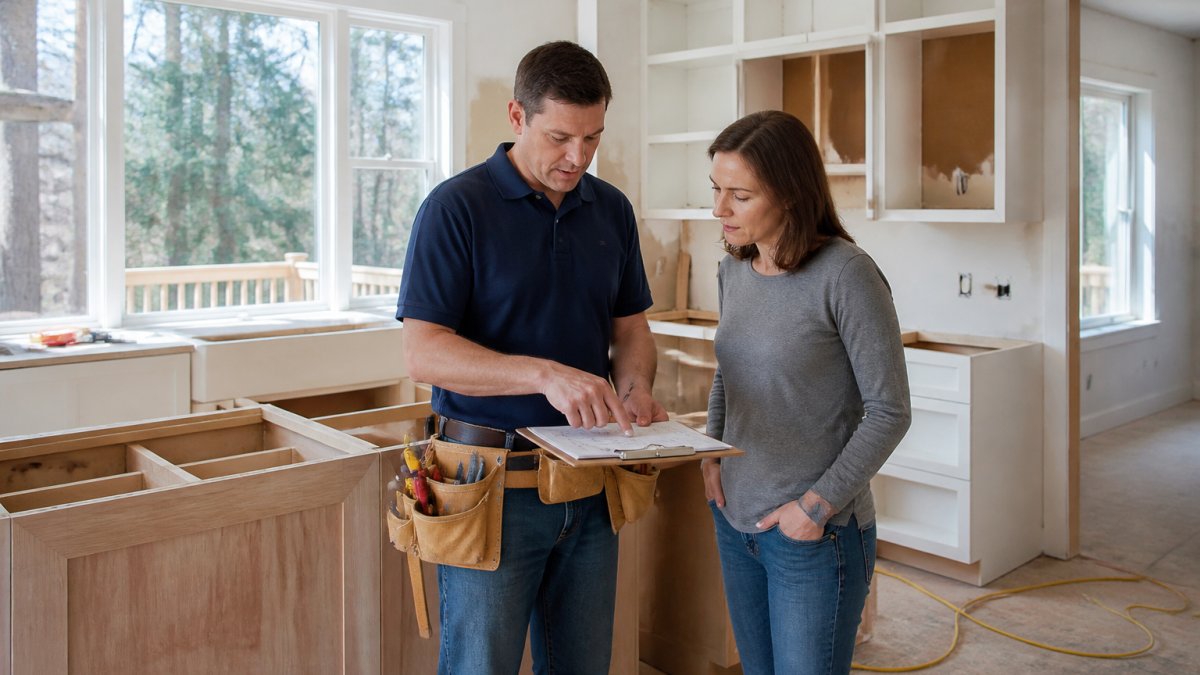 Kitchen remodeling contractors reviewing renovation plans with a homeowner in an Ashburn home kitchen