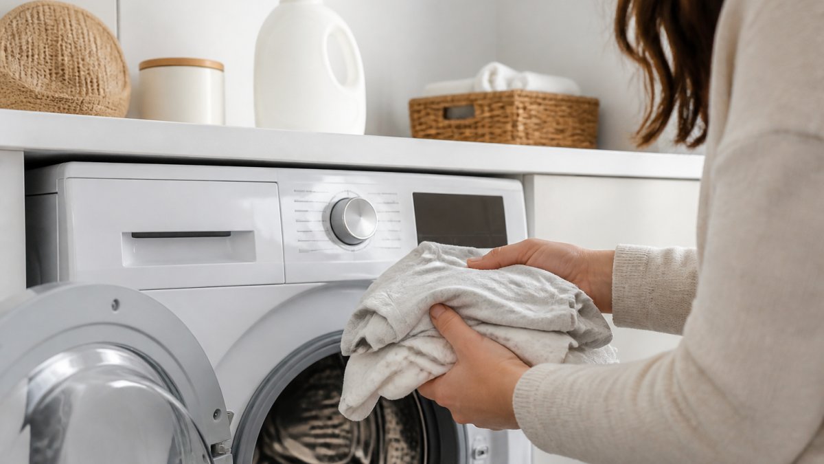 Parent loading baby onesies into a washing machine next to a bottle of fragrance-free laundry detergent
